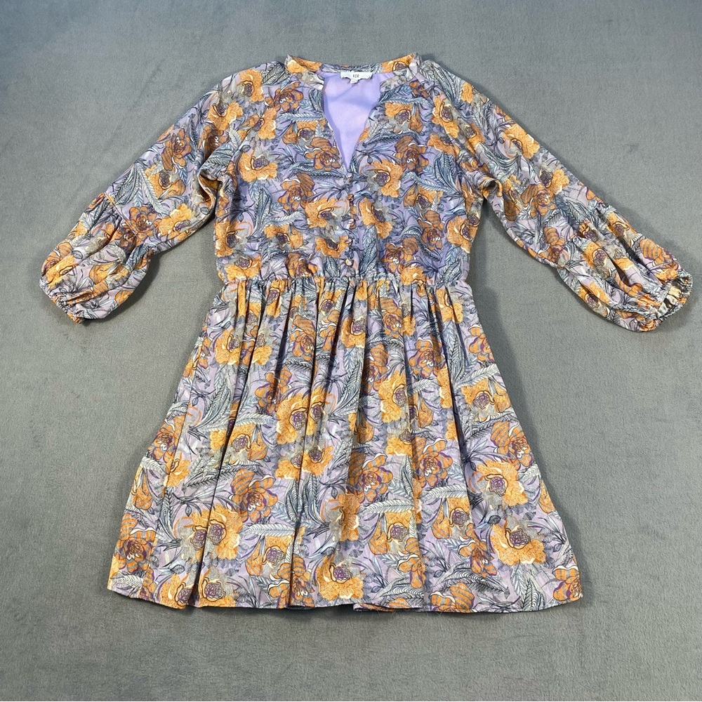 NSR Women’s Andra Flare Floral Mini Dress in Purple and Orange, 3/4 sleeves, S
